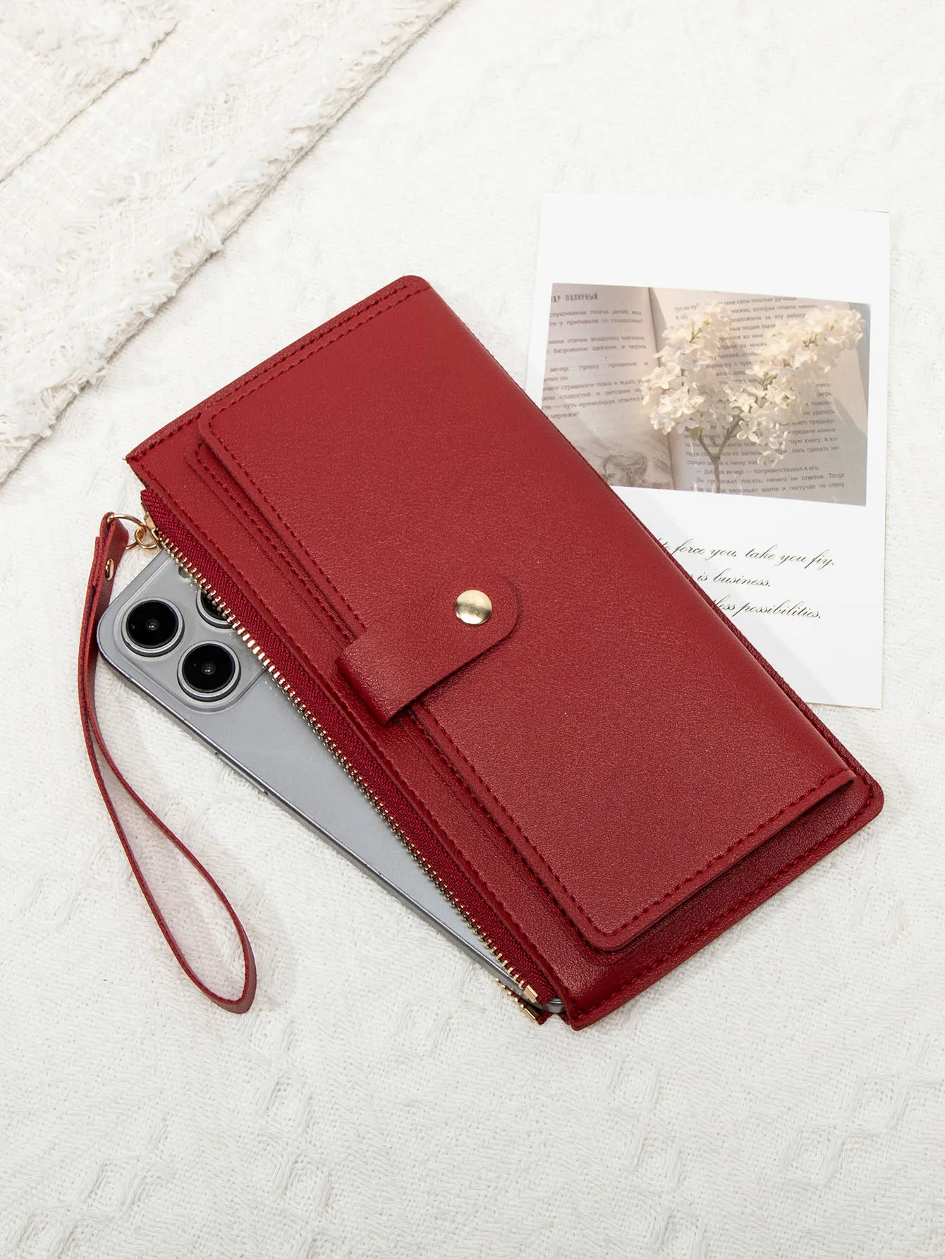 Schlichte und stilvolle Damen-Langkartenbörse, ultradünne Mini-Handtasche aus PU-Leder in Uni-Farbe, Damen-Kreditkartenhalter-Geldbörse – Detail 14
