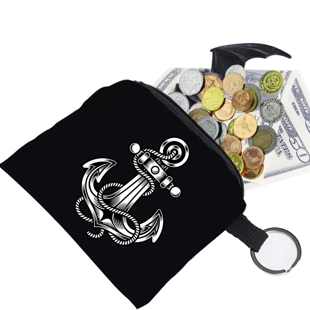 Coin Wallet Women Unisex Key Storage Bag Ring Buckle Zipper Black Canvas Skull Pattern Printing Series