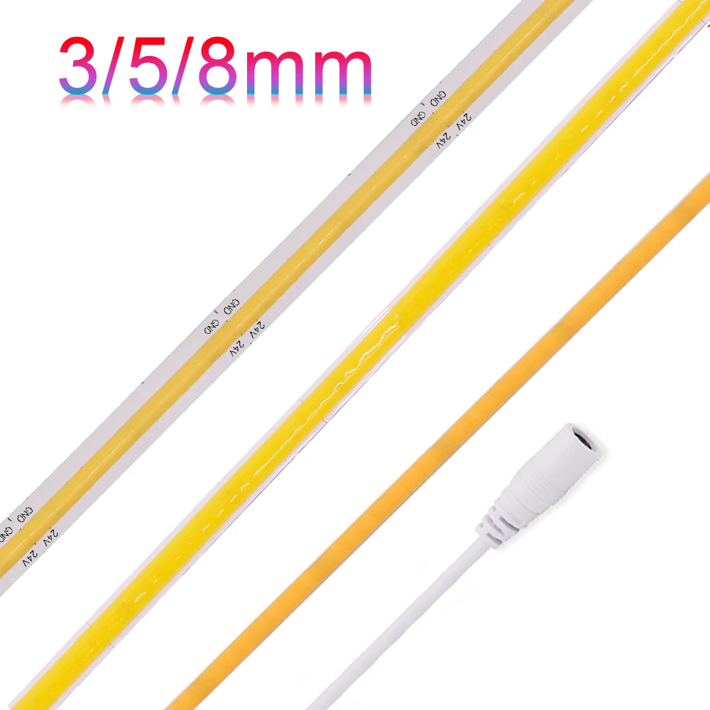 3mm 5mm 8mm PCB COB LED Strip 12V 24V Light Ultra Thin Flexible Tape Lamp With DC Plug Super Bright 384LED CRI90 Liner Lighting super bright smd 5630 5730 led strip 220v 110v with eu us plug 180leds m ip67 waterproof warm white in outdoor flexible light