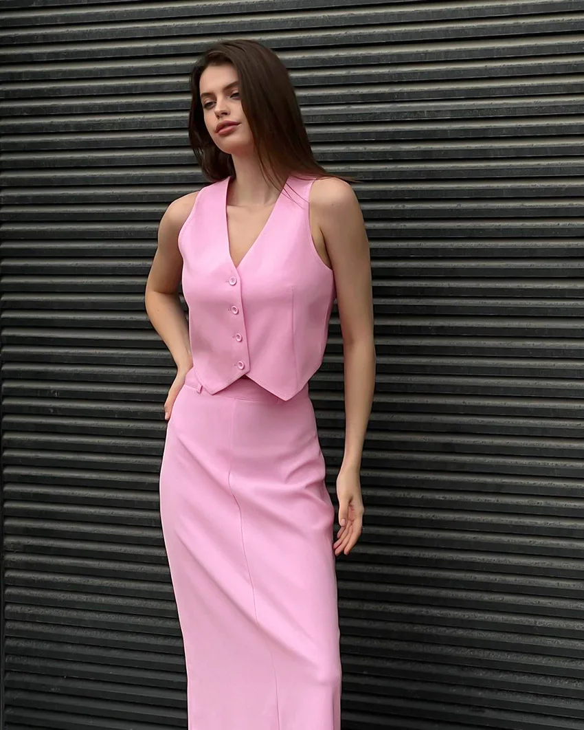 Pink Skirt Set Sleeveless Vest Short Top + High Waist Slit Long Two Pieces Women Outfit