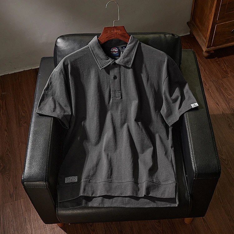 Summer New American Retro Short-sleeved Lapel Solid Color Polo T-shirt Men\'s Simple 100% Cotton Washed Business Casual Tops