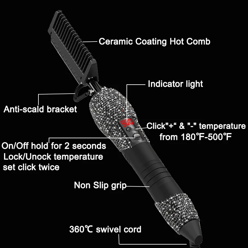Hot Comb Electric High Heating Comb Hair Straightening with Bling Diamonds LCD Digital Peigne Chauffant 2