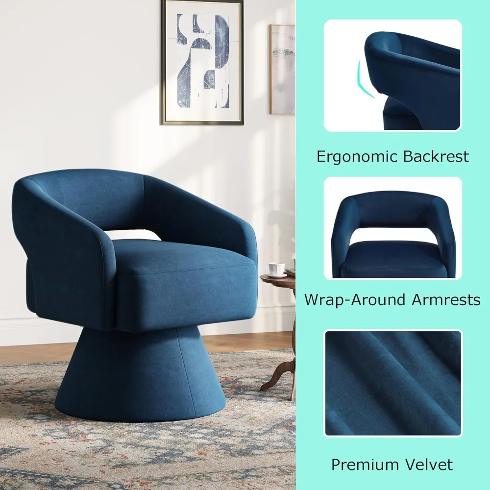 Modern 360 Swivel Barrel Chair, Blue Velvet Accent Chair with Arms for Small Spaces Living Room Bedroom