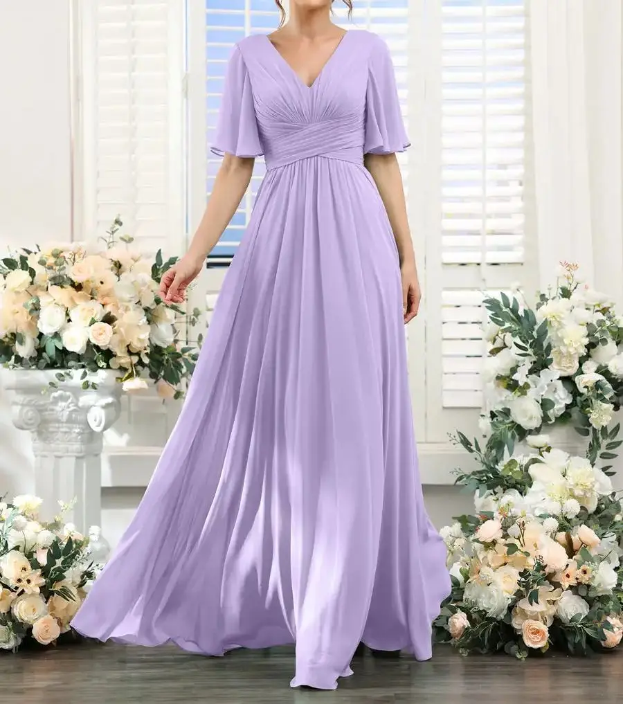 

A Line Chiffon Bridesmaid Dresses Elegant V Neck Short Sleeves Long Ruffles Formal Evening Gown For Wedding Guest Prom Dress