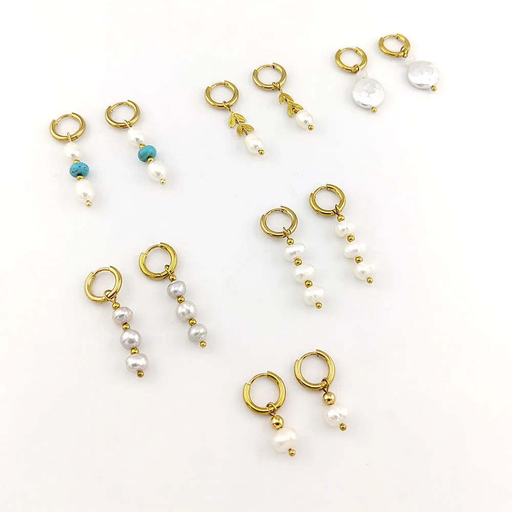 HUIDANG Perle Ohrringe Edelstahl Hoop Natürliche Süßwasser Perle Ohrringe Für Frauen Pendientes de perlas – Detail 1