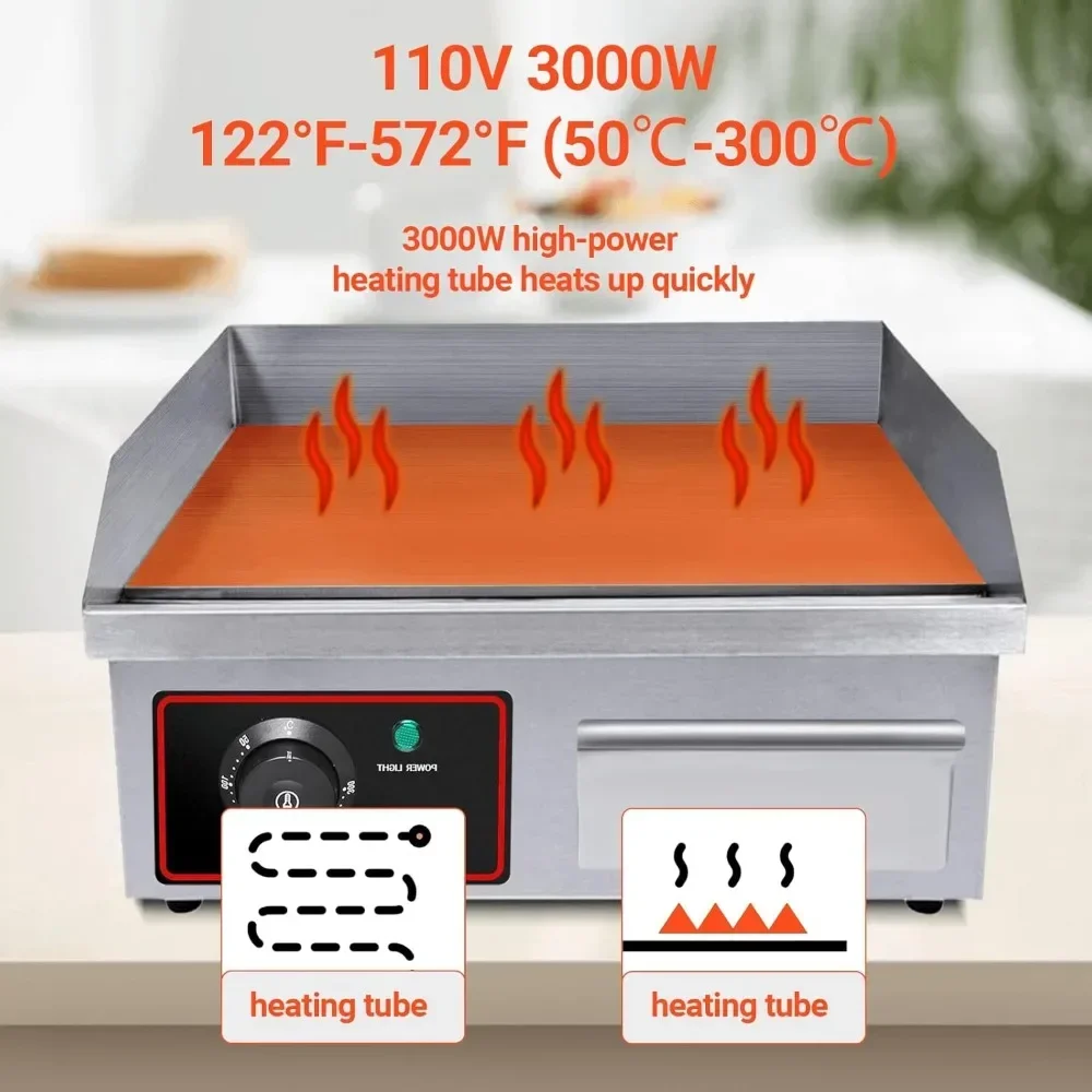 Commercial Electric Grill,14" Griddle 1600W 110V Non-Stick Restaurant Teppanyaki Grill Stainless Steel Adjustable Temperature 3