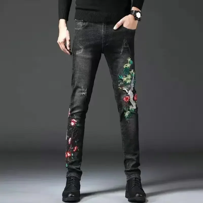 Man Cowboy Pants with Holes Torn Men's Jeans Ripped Trousers Broken Slim Fit Tight Pipe Vintage Embroidery Skinny Graphic Xs Y2k