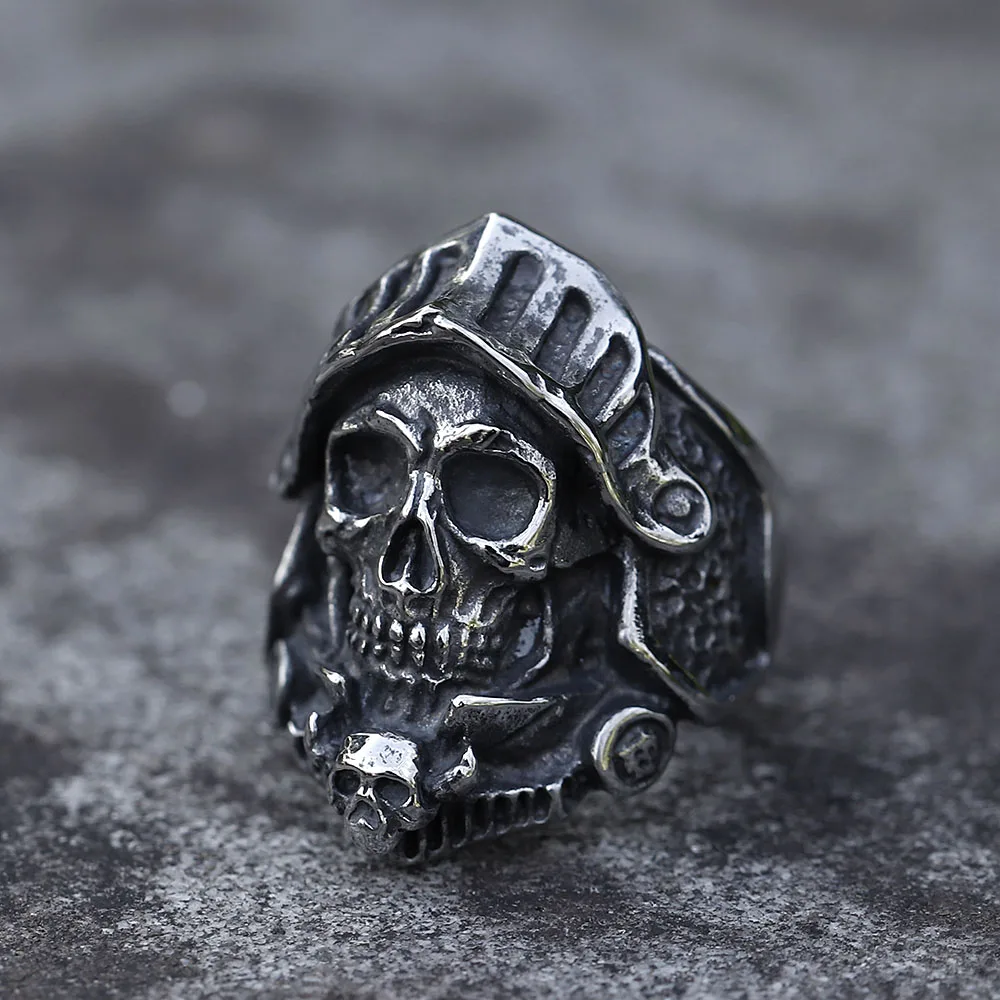 Stainless Steel Skull Ring - Antique Retro Gothic Punk Style, Hypoallergenic, Size 12, Grey Finish - View #10