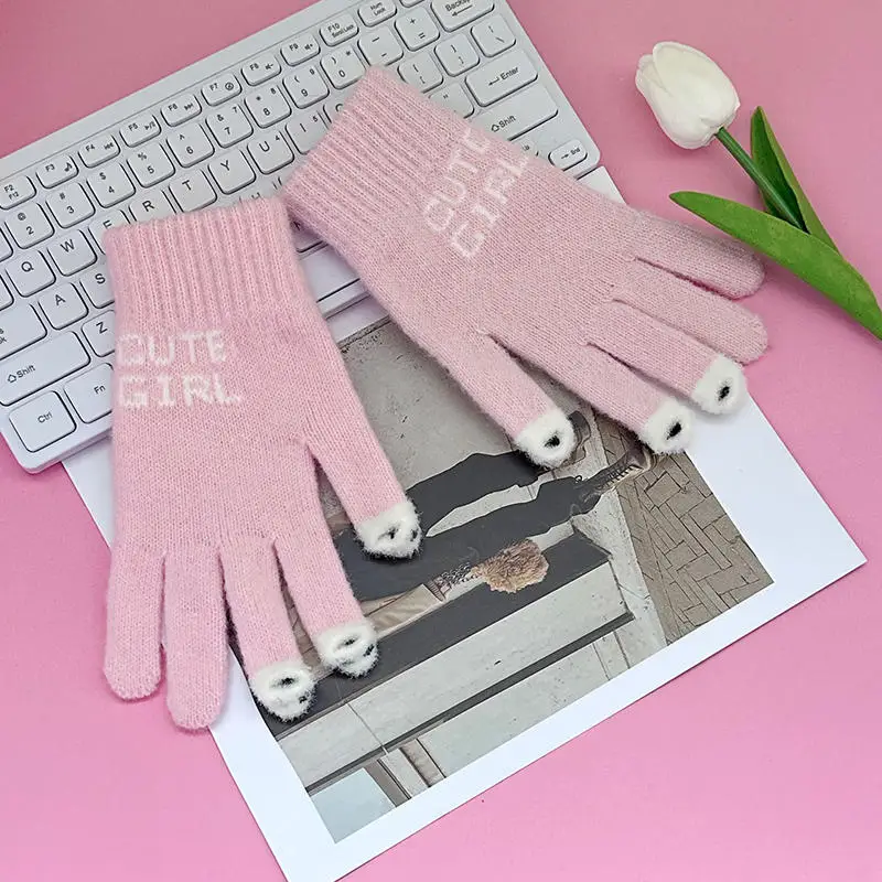 Open Finger Gloves Winter Warm Soft Women Gloves Girls Cute Panda Fingertip Touch Screen Gloves Warm Outdoor Knitted Gloves