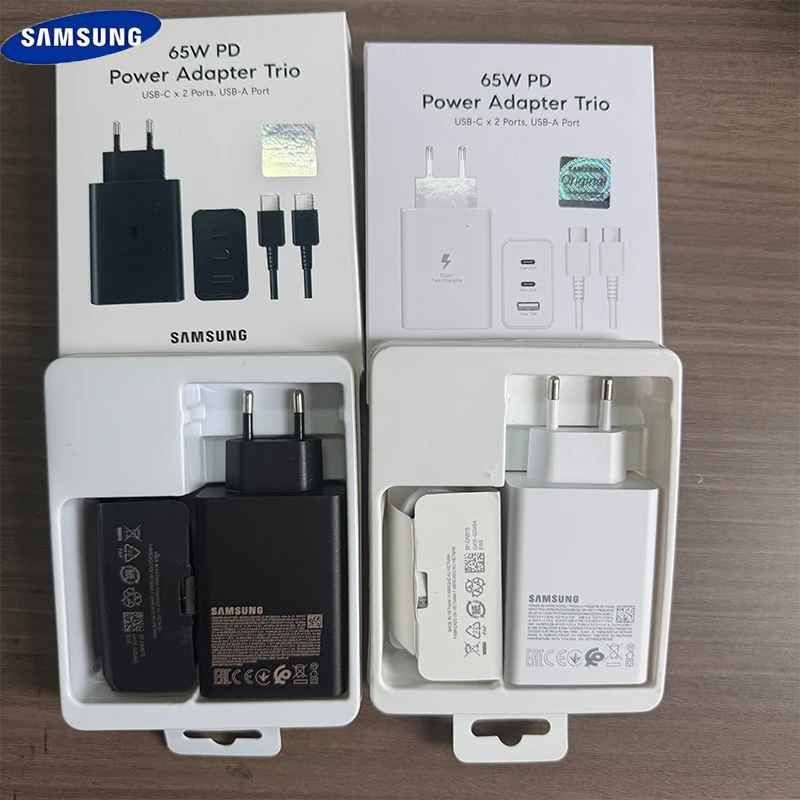 Chargeur mural Samsung 65W EU/UK/US à 3 ports, super rapide, pour téléphone portable et tablette Samsung de toutes les séries, avec câble 1M 5A
