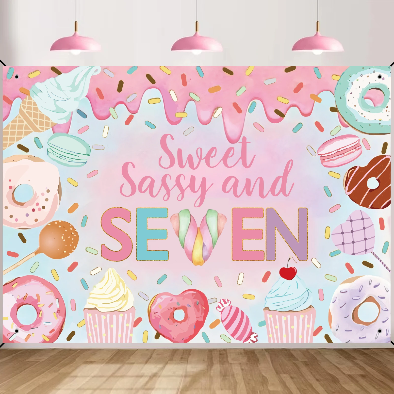 Donut 7th Birthday Backdrop Sweet Sassy and Seven for Birthday Party Decorations Banner Pink Donut 7th Backdrop for Pa party decorations,birthday banner,birthday streamers
