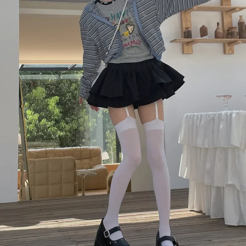 Damen-Straps-Strumpfhose aus Samt mit weitem Bund, Lolita, dünne, oberschenkelhohe Strümpfe mit Strumpfbändern, Y2K JK College-Stil, Overknee-Socken – Detail 8