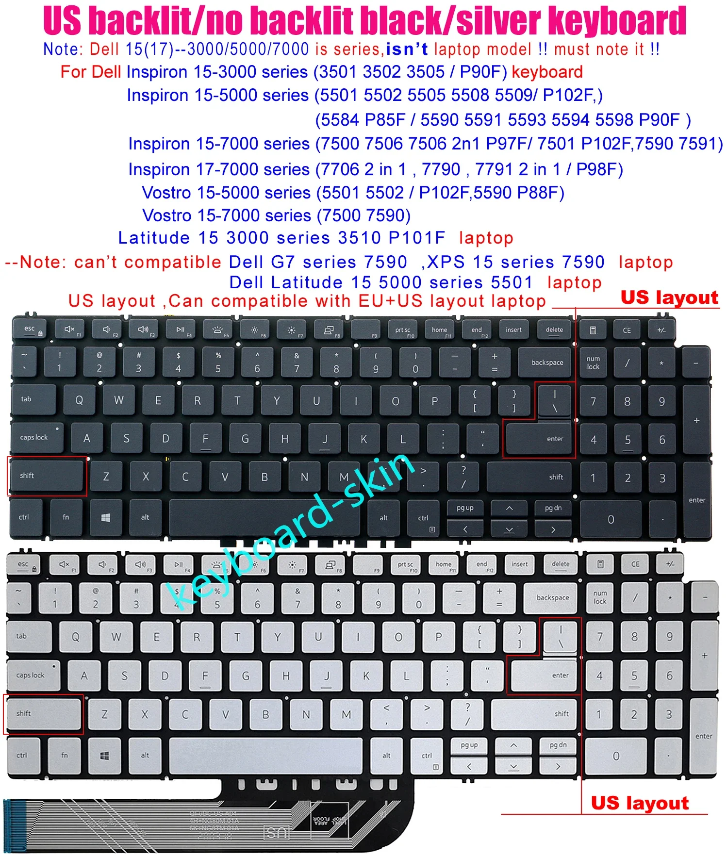

US Keyboard no-Backlit/Backlit for Dell Inspiron 15-5501 5502 5505 5508 15-5509 P102F 5584 P85F 5590 5591 5593 5594 5598 P90F