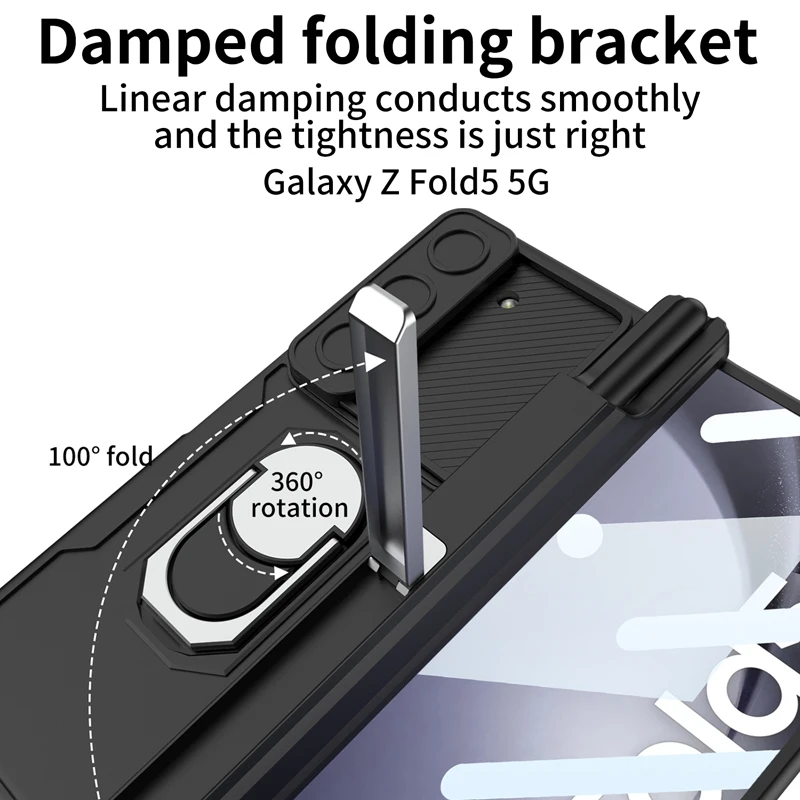 For Galaxy Z Fold 5 Case GKK Magnetic Folding Armor Ring Back Holder Cover With Front Glass + S Pen Holder For Galaxy Z Fold5