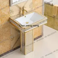 อ่างล้างหน้าทรงกลมทันสมัยสีทองพร้อมขาตั้งเซรามิกสำหรับห้องน้ำ 4