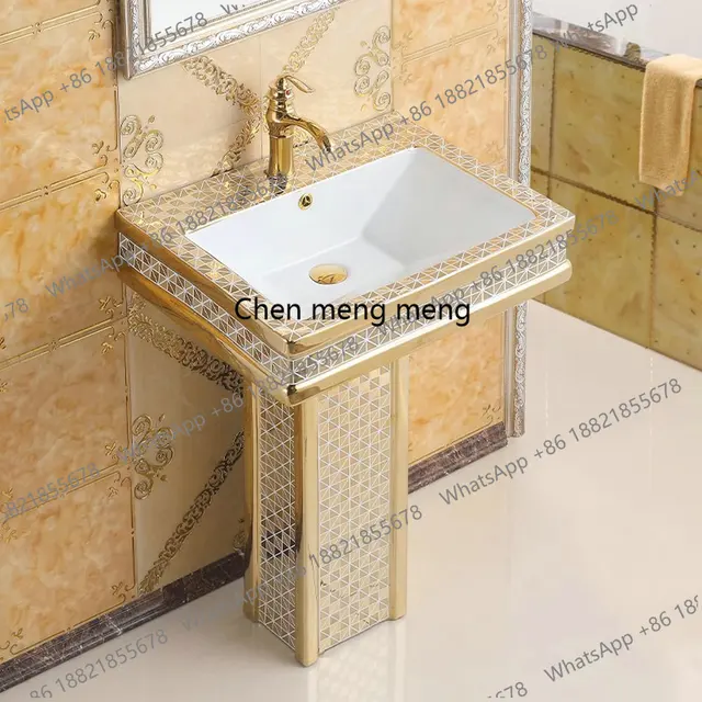 อ่างล้างหน้าทรงกลมทันสมัยสีทองพร้อมขาตั้งเซรามิกสำหรับห้องน้ำ 4