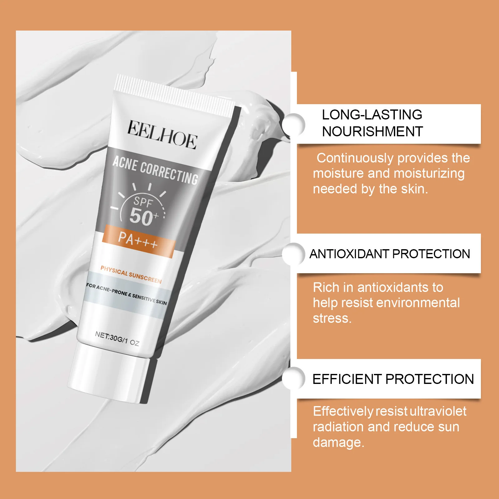 EELHOE Sun Face Protection Sunscreen Spf50 Oil Control Anti Oxidant Moisturizing Skin Brightening Nicotinamide Sunscreen Cream