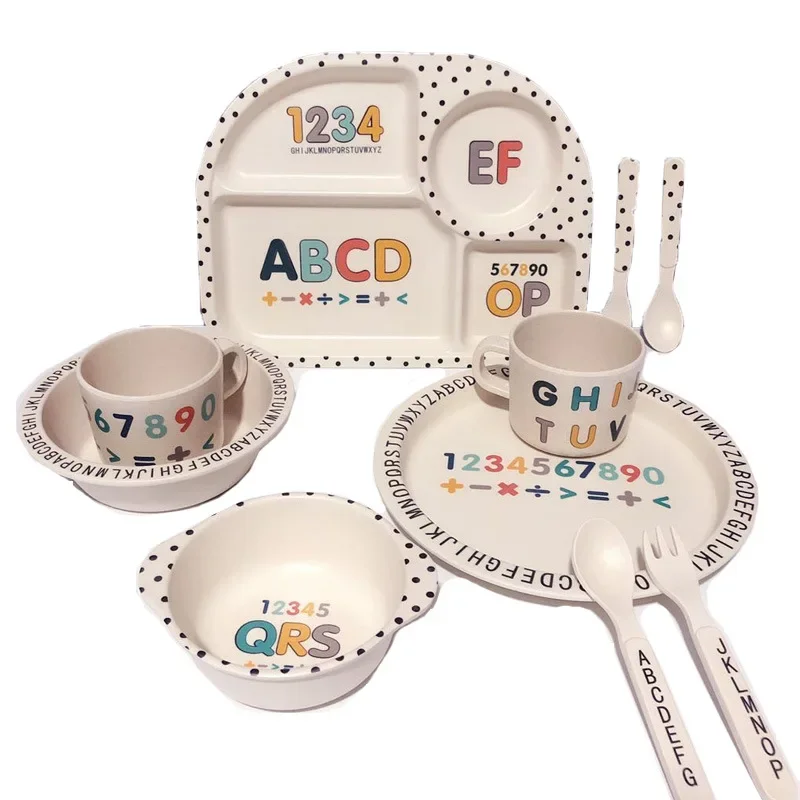 

5 pcs/Set Children's Feeding Bowl Bamboo Fiber Food Grade Resin Anti-drop Baby Cup Fork Spoon Grid Plate & Tableware Set