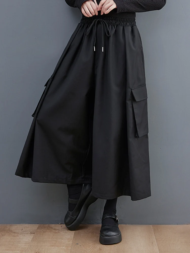 Black Vintage High Elastic Waist Drawstring Wide Leg Pants Women Loose Casual Pocket Fashion Ladies Trousers Spring Summer 2025
