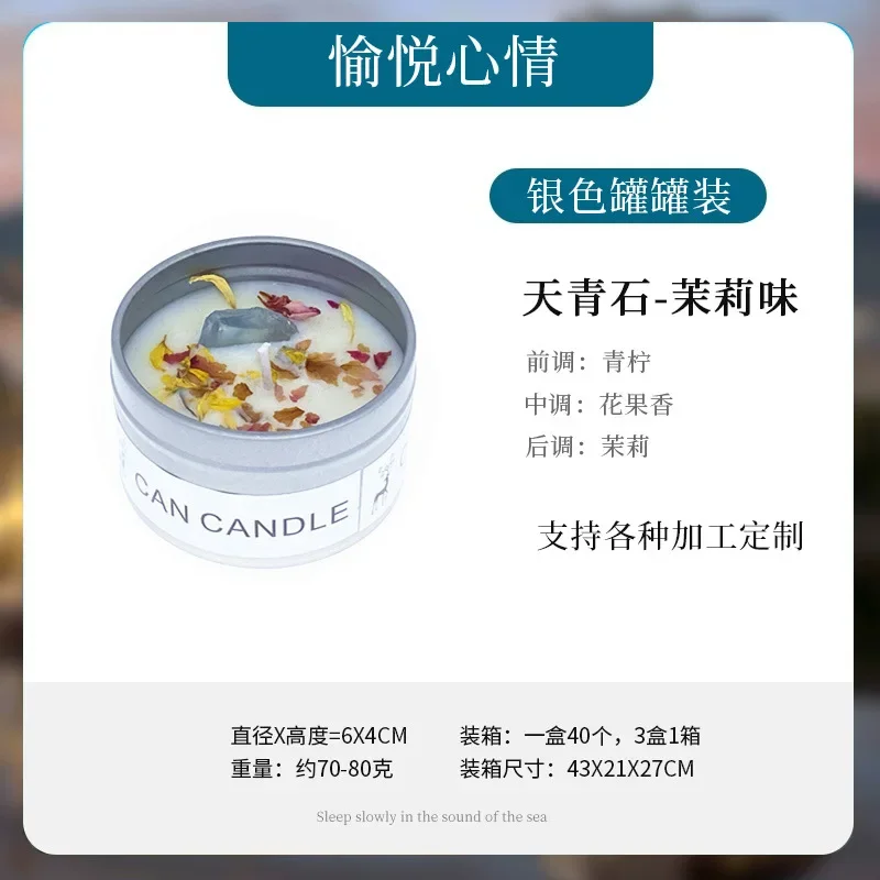 Luxury Scented Candle with Crystal Stones & Dried Flowers in Elegant Silver Tin