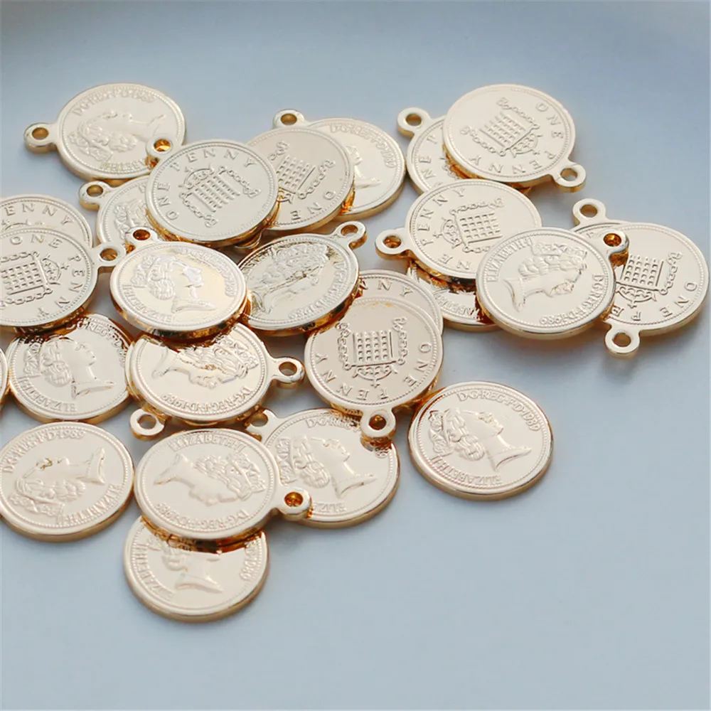

14k copper-clad gold color Queen's portrait coin 14mm round pendant diy handmade bracelet necklace earring pendant