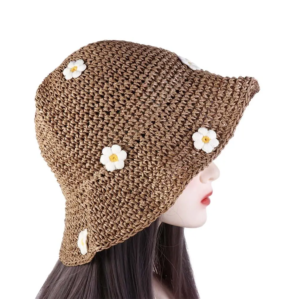 

Foldable Outdoor Vacation Sunscreen UV Protection Flower Handmade Weave Boho Flat Hat Sun Protection Straw Hat Sun Cap Sun Hat