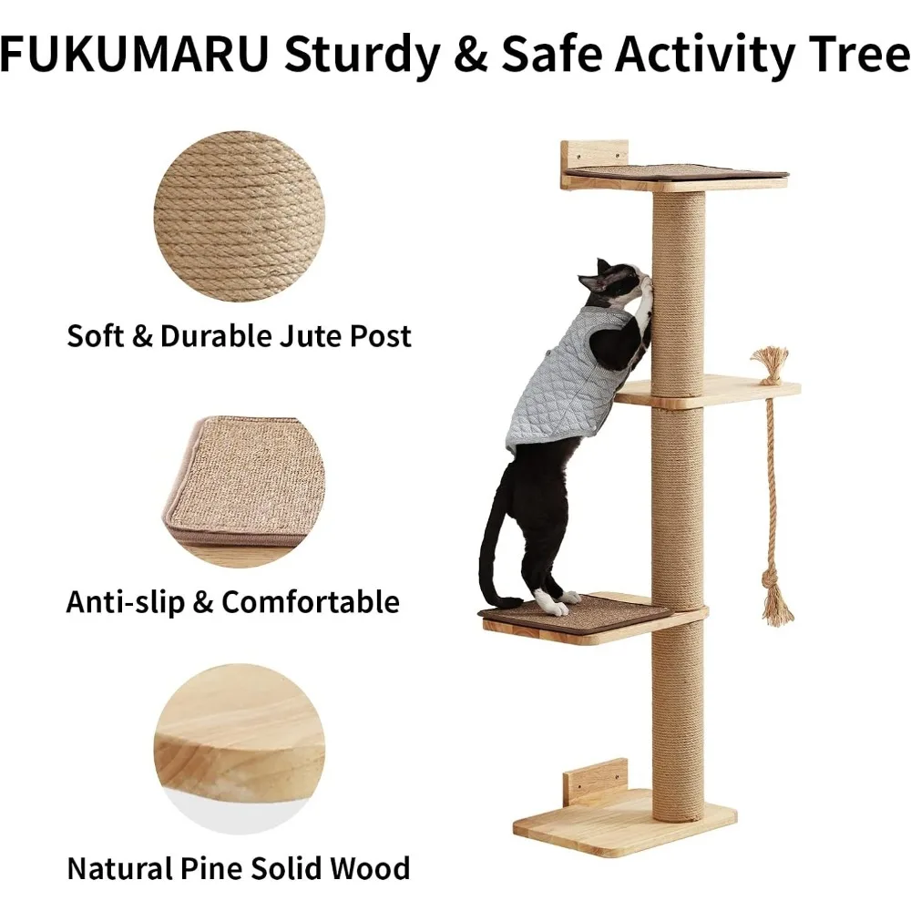 

FUKUMARU Cat Scratching Activity Tree Wall Mounted, 50 Inch Scratch Post for Large Cats, Kittens with Cat Bed