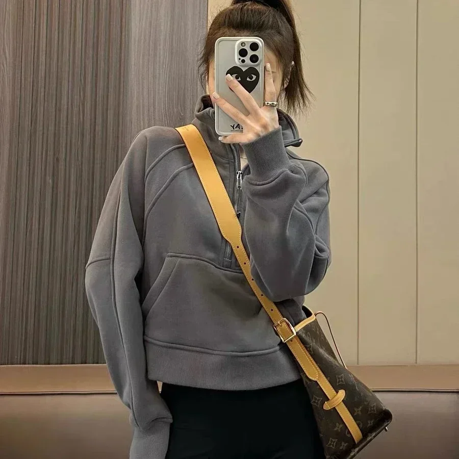 Lemon Scuba Style Half Zip Jacket Winter Women Warm Loose Fitness Coat Fleece Gym Yoga Tops Sport Sweatshirts Workout Sportswear