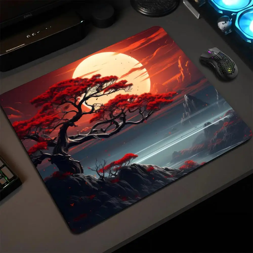 משטח עכבר ריבועי חדש למחשב במשרד עם נוף סקורה, עשוי מגומי אנטי-החלקה, מתאים למקלדת גיימינג באיכות HD