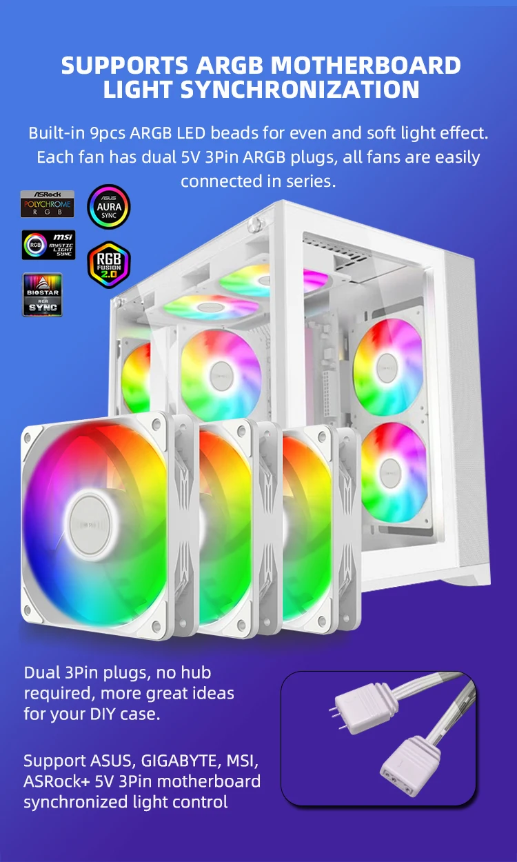 AF-10 RGB Fan 3-in-1 800-1800RPM 4Pin PWM 3Pin ARGB Cooling Fans for PC Case and