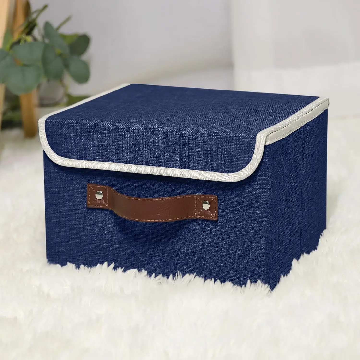 4PCS Storage Bins with Lid PU Leather Handles Storage Boxes PP Plastic Board Decorative Foldable Lidded Cotton Linen Fabric Home 6