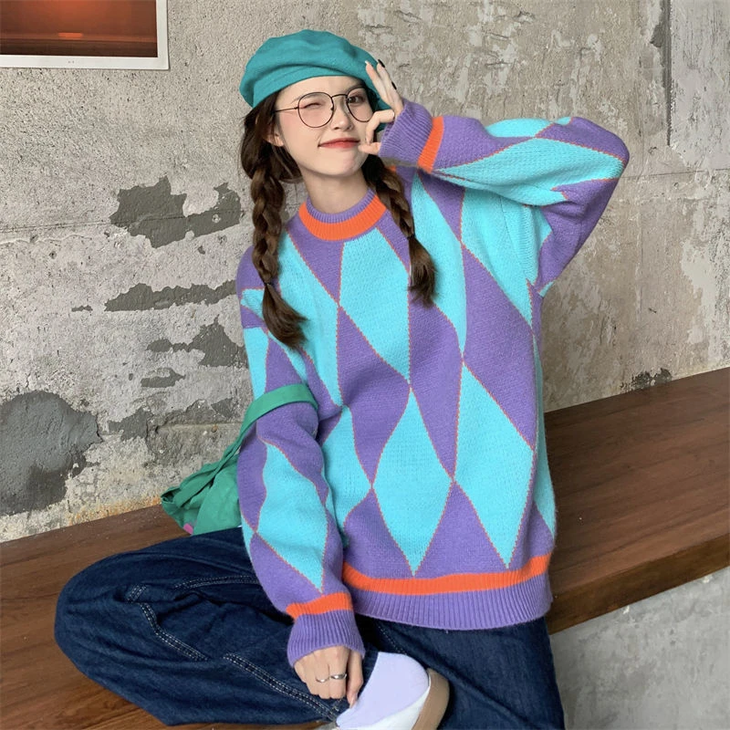 argyle sweater New Fashion Women Stitching Plaid Sweater Sweet Loose and Versatile Warm Knit Top for Women pink cardigan