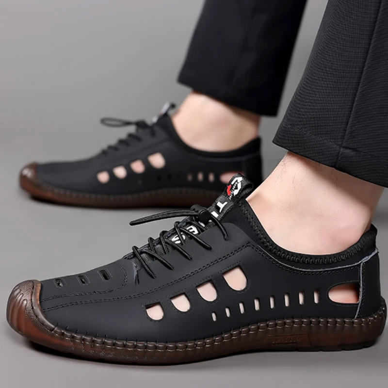 Men Soft Leather Summer Sandals Breathable Non-slip Cow Tendon Sole Casual Outdoor Beach Shoes