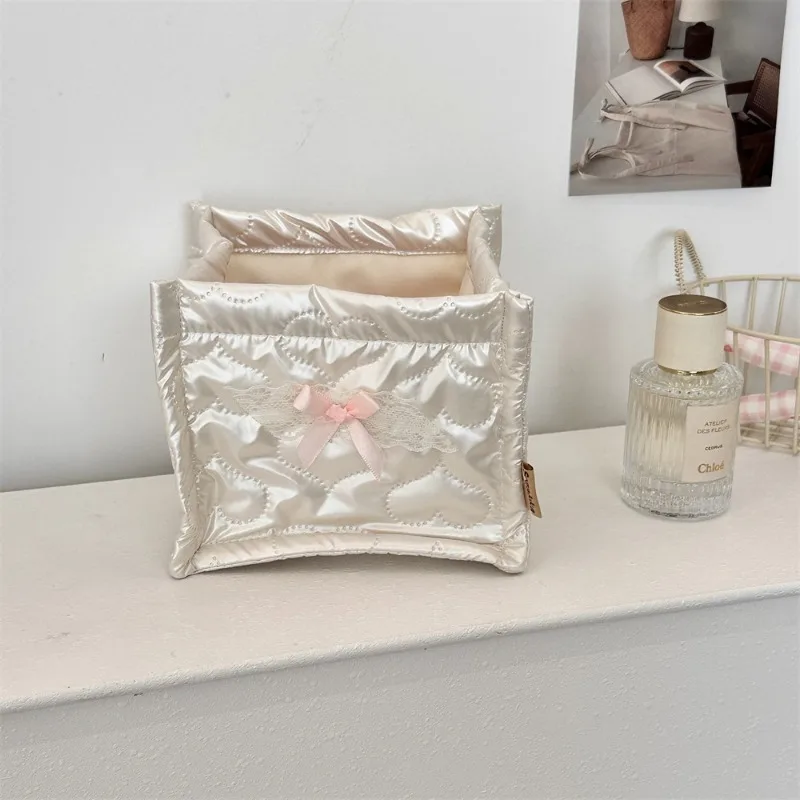 Sweet Korean Stationery Organizer PU Leather Bow Heart Style Photocard Makeup Desktop Storage Organizer School Student Supplies