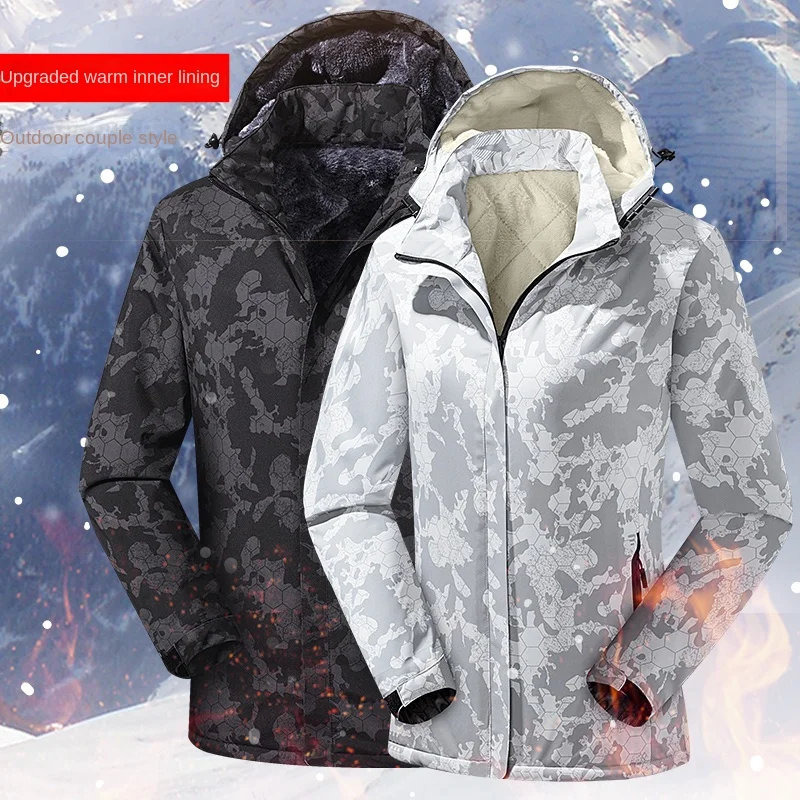 Wool Lined Mountain Jacket Men's Winter Waterproof Camping Hooded Jacket Women's Snowboard Parka Camouflage Outdoor Windbreaker
