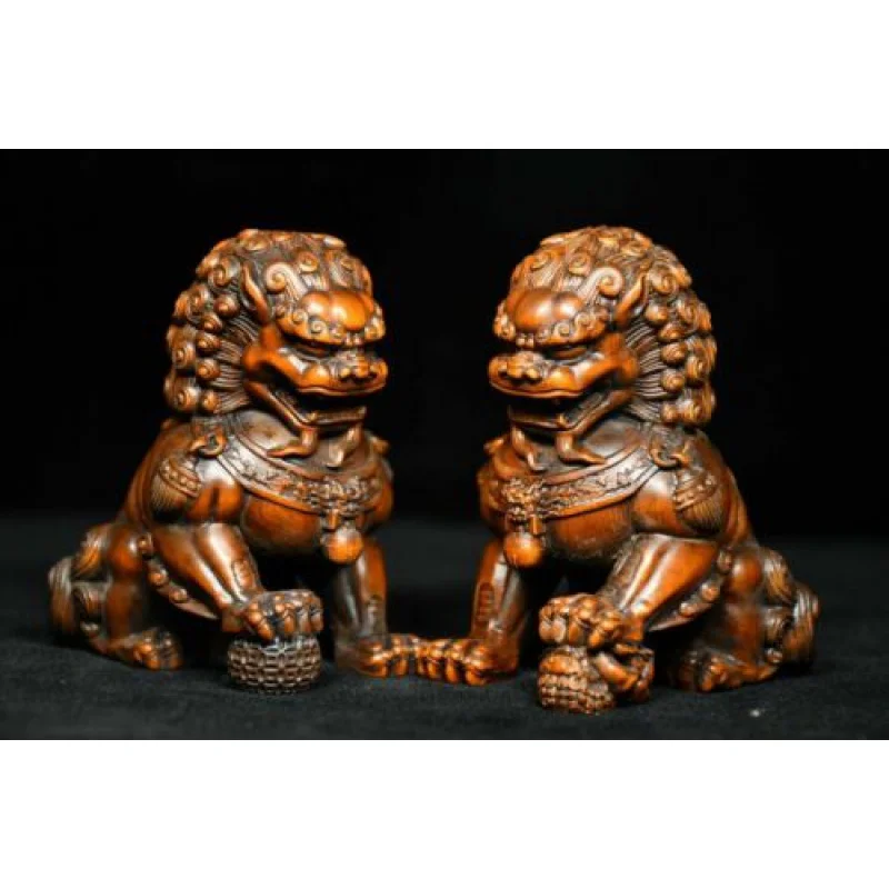 

4.4'' China Antique wood Statue natural Old Boxwood animal Lion Sculpture