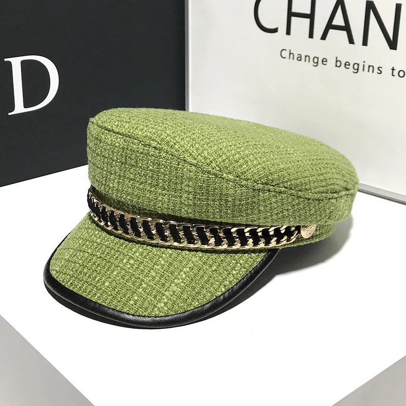 New Fashion Women's Flat Top Plaid Chain Military Hat Elegant Artist Black Korean Octagonal Beret Captain women military hat