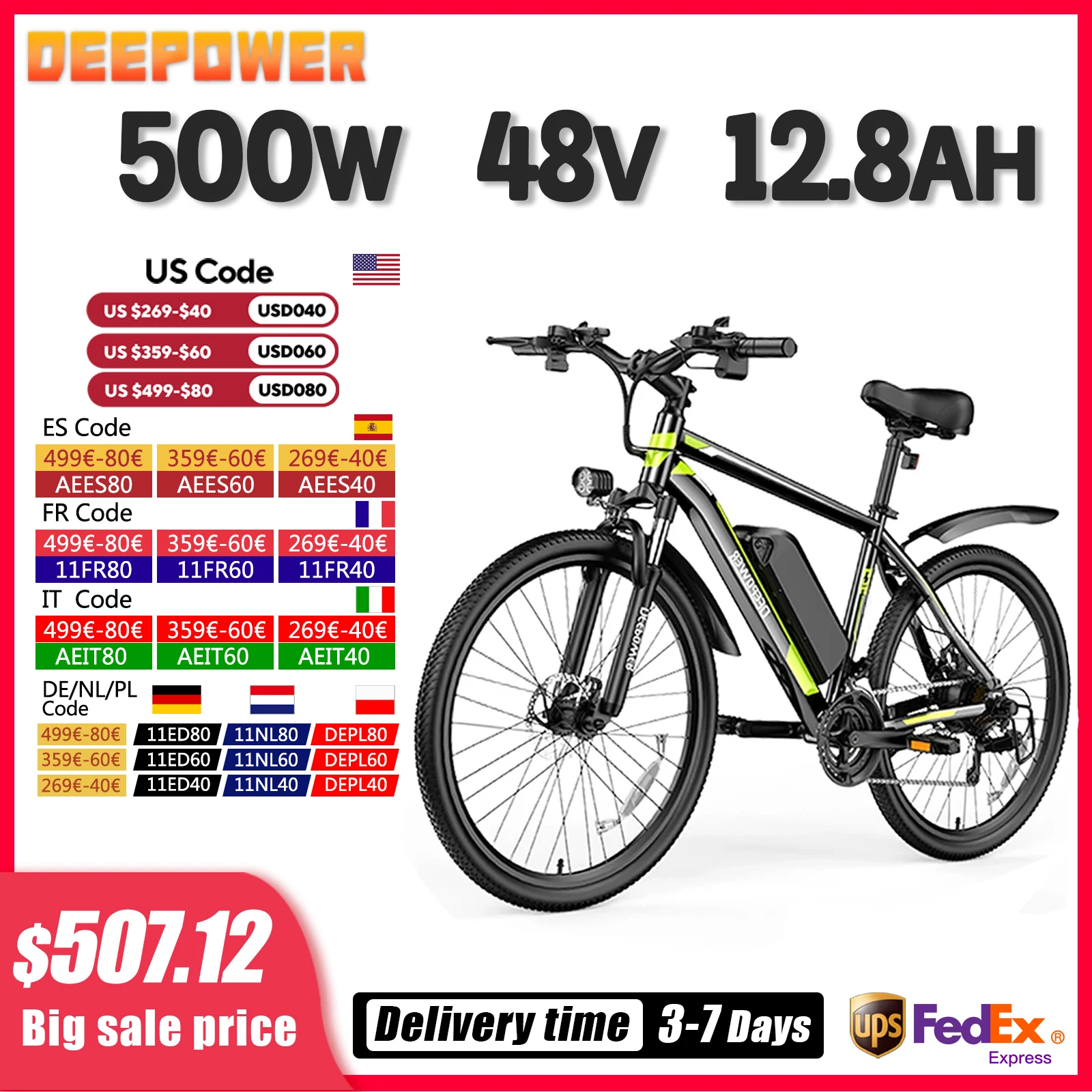 500W 48V 12.8AH 26 Inch Electric Bike
