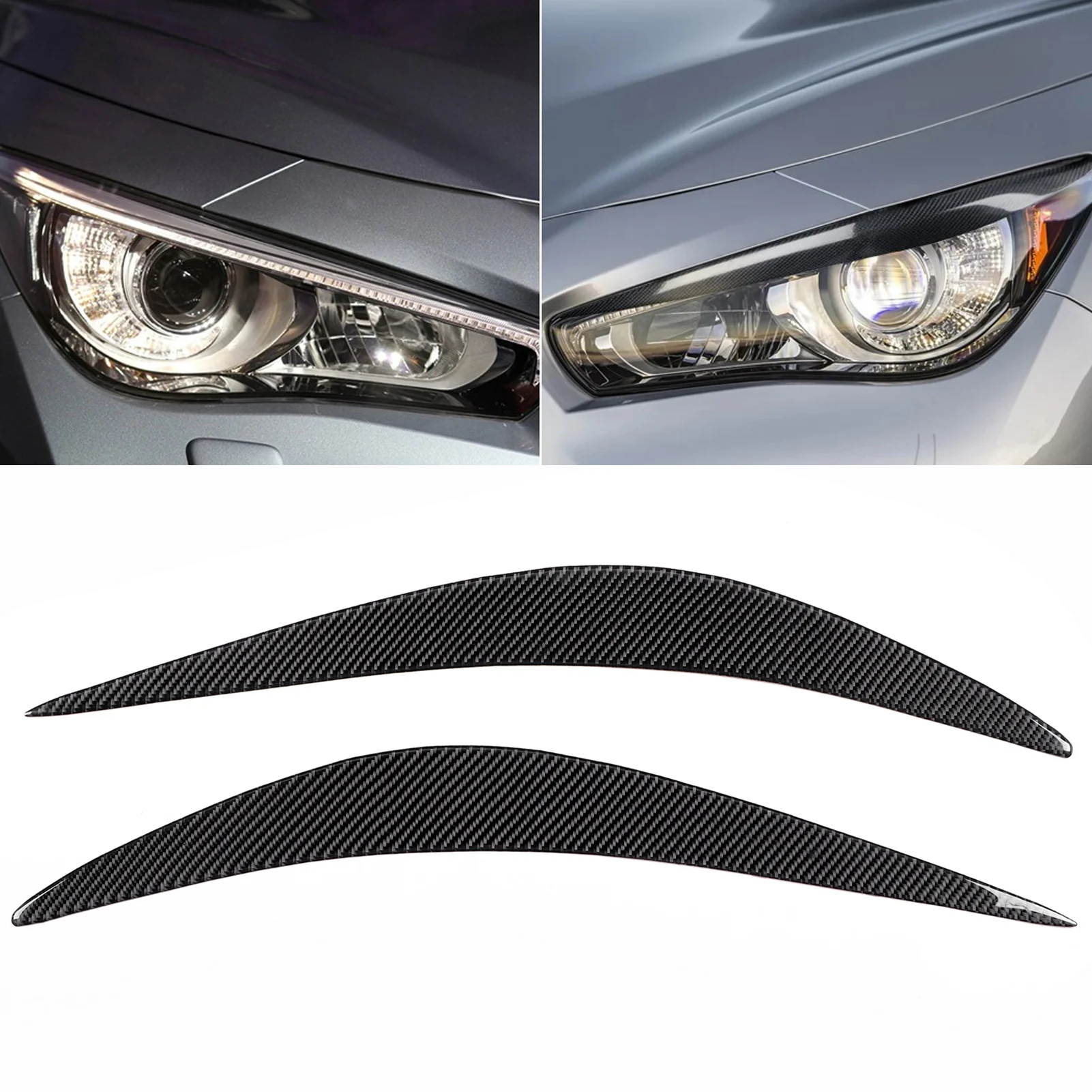 Pair Headlight Eyelid Headlamp Eyebrow Strip Trim Carbon Fiber Cover Fit for Infiniti Q50 2014 2015