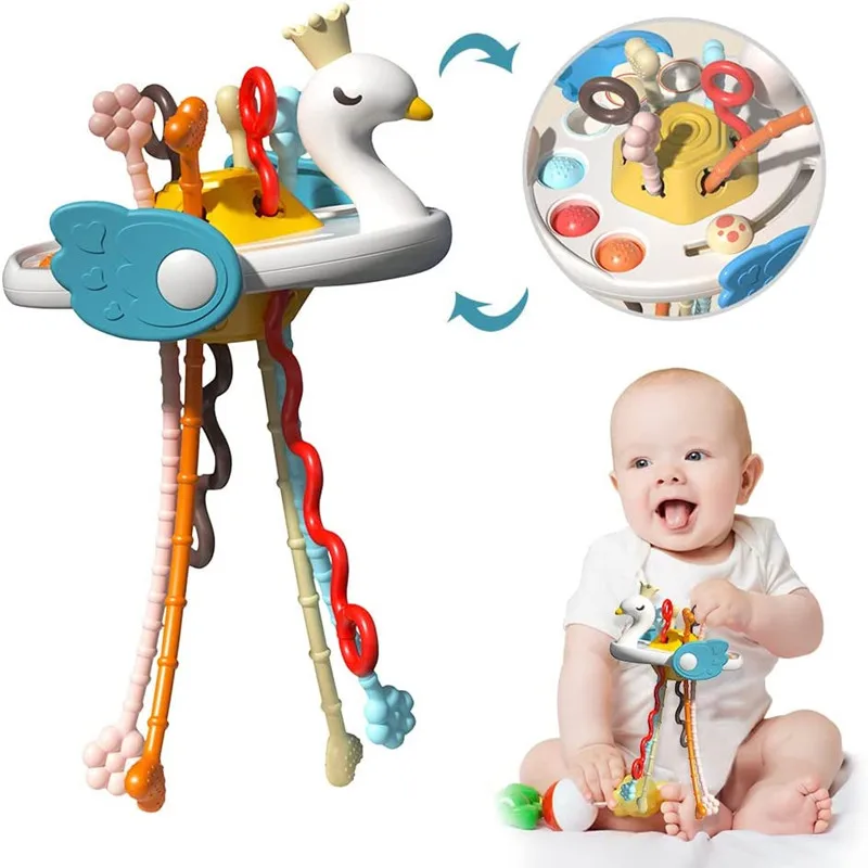 Activity Development Pull String Toys Silicone Teething Rattle Educational Learning Toy Baby Sensory Montessori Toys 6 12 Months