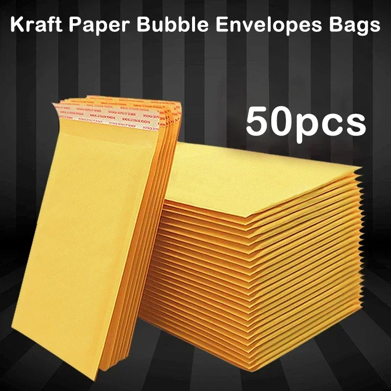 Enveloppes et sacs en papier kraft jaune à bulles, 50 pièces, différentes spécifications, enveloppes d'expédition rembourrées avec bulles, sacs postaux