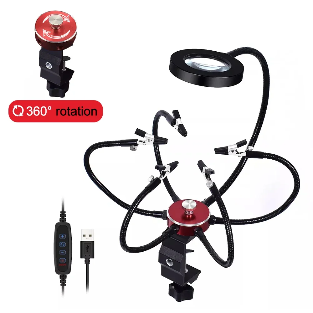 NEWACALOX Soldering Repair Helping Hands Third Hand with 3X LED Magnifying Glass 360&deg; Rotating Base PCB Holder Welding Workbench