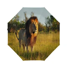 

Compact Umbrella Cool Lion Forest Grass Animal In Sunshine Auto Open Close Travel Sun Golf Folding Umbrellas For Women Men Kids