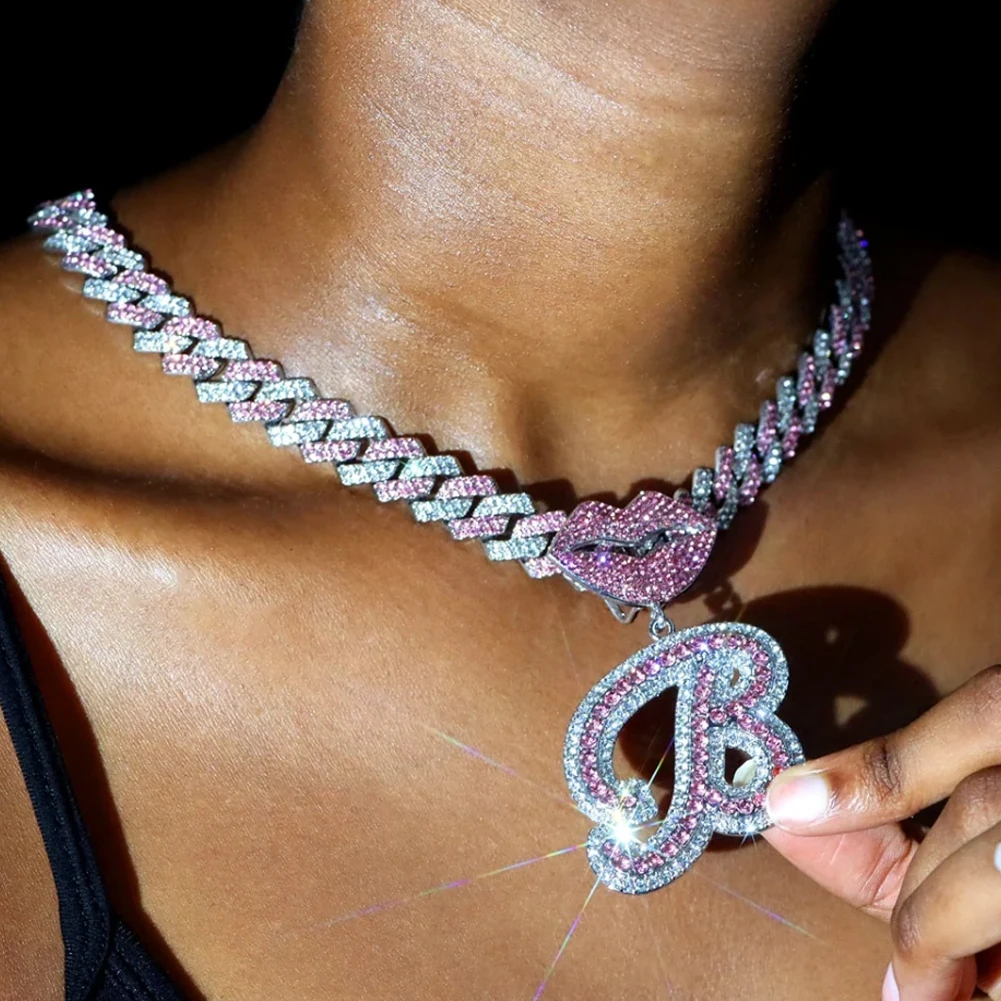 THE BLING KING Luxe Pink Lips 26 Initial Necklace Iced Out