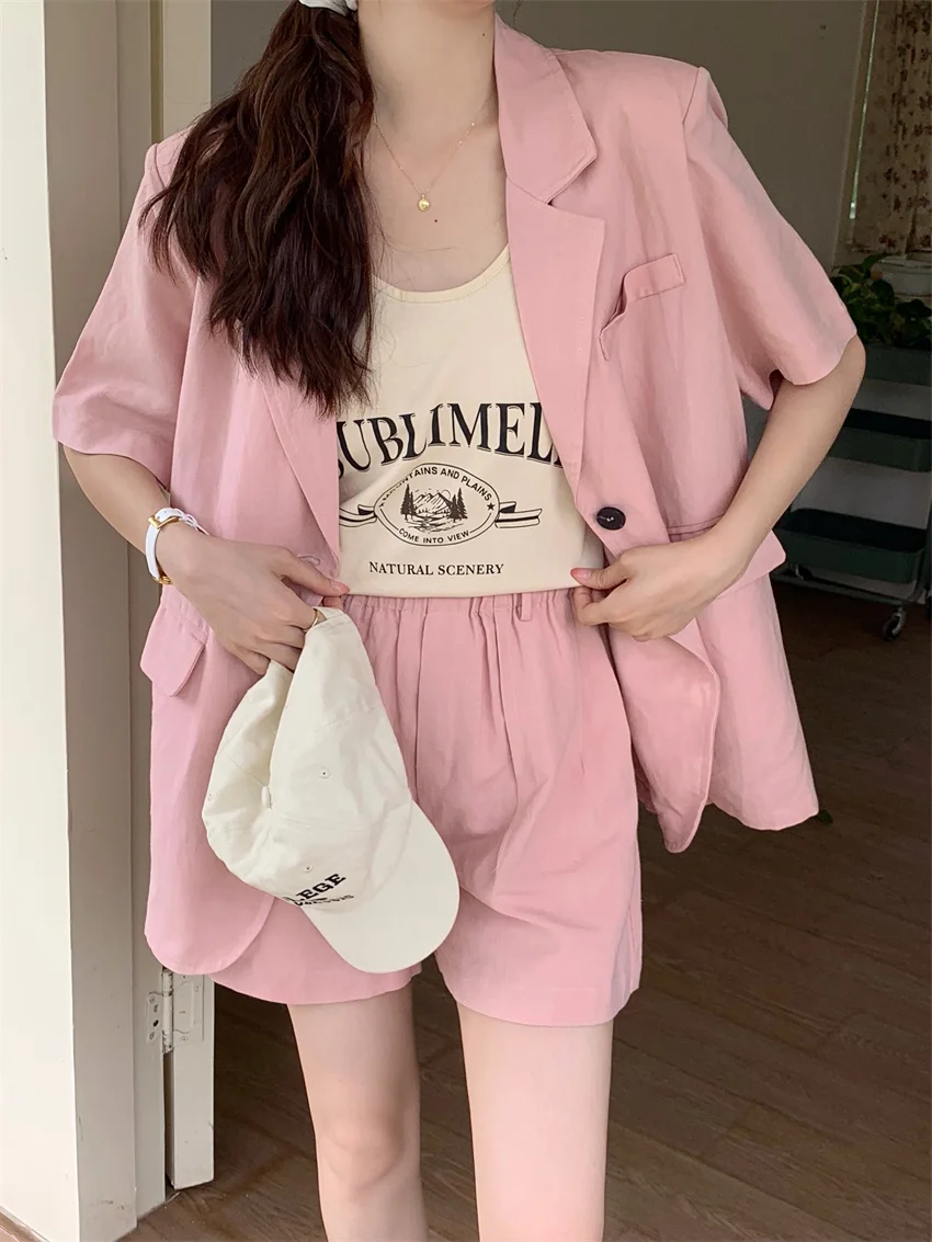 

Alien Kitty Pink OL Casual Work Wear Suits Women Summer Chic Short Sleeve Blazers Office Lady 2023 High Waist Shorts Sets