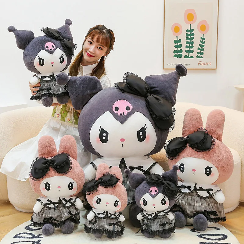 Sanrios Black Kuromi Mymelody Plush Stuffed Dolls Kawaii Cartoon Sofa Cushion Pillow Dark Gothic Lace Toy Birthday Gift for Girl kuromi college style black doll neck dress female summer short sleeve loose thin lolita skirt women dress elegant for sweet girl