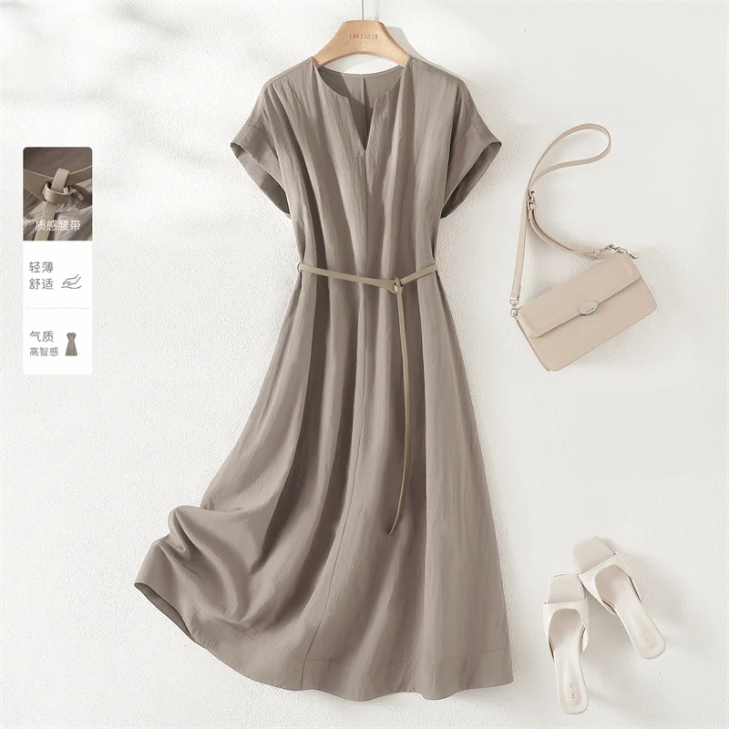 Summer Fashion Minimalist Dress Women Solid Color V-Neck Loose Casual  A-Line Vestidos Robe Office Lady Midi Dress With Belt J909 - AliExpress