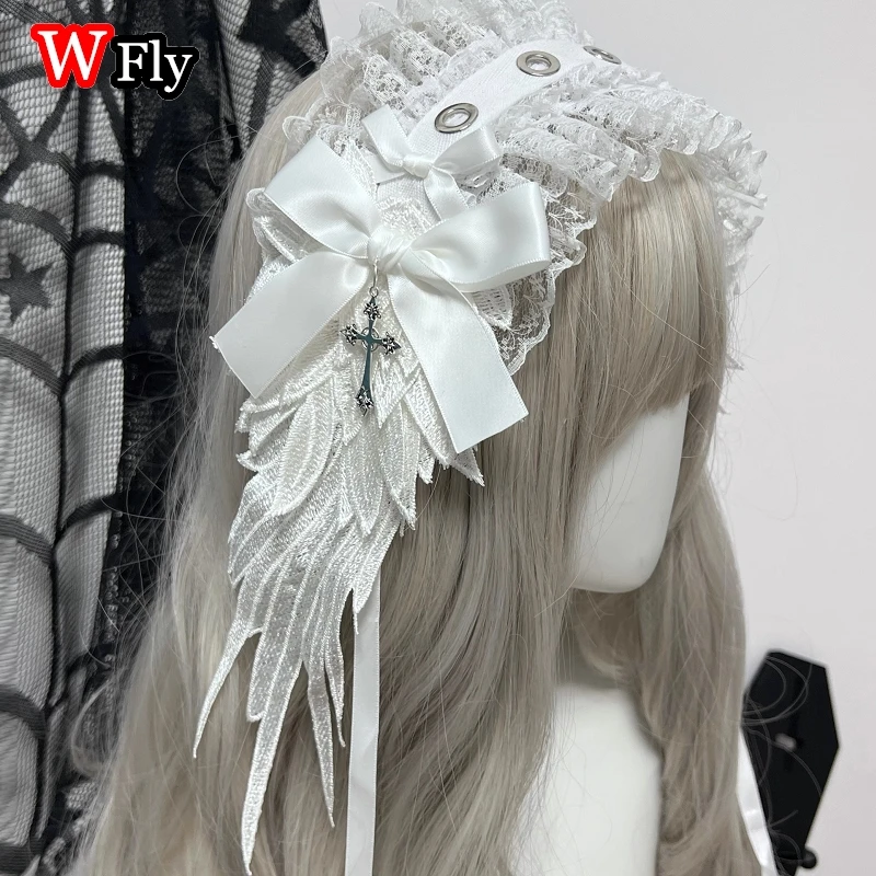 Couvre-chef à ailes Harajuku Steampunk Y2K pour femmes, bandeau à nœud, couvre-chef gothique d'ange foncé Lolita et accessoires pour cheveux - AliExpress