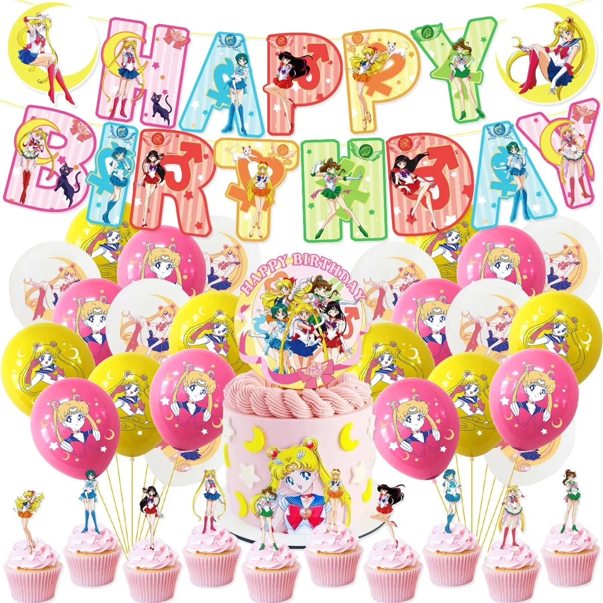 thumbnail image 1 of Juego de decoraciones para fiesta de cumpleaños con temática de Sailor Moon, globos de látex, pancarta, suministros para fiesta de princesas y niñas, 1 of 4