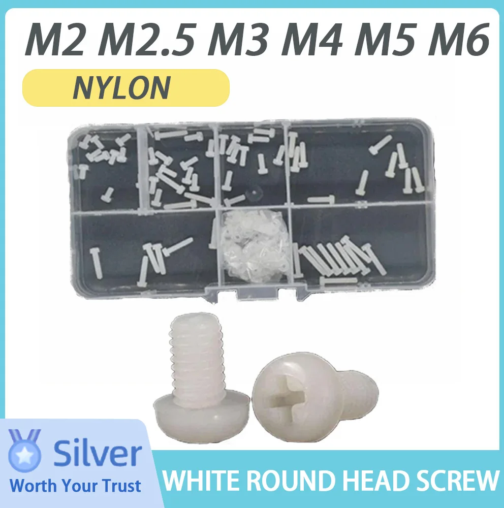 M2 M2.5 M3 M4 M5 M6 White Nylon Phillipis Bolt and Nut Set Plastic Machine Screw Cross Round Head Screw Classification Box Kit